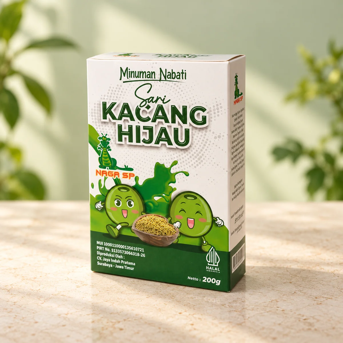 Kemasan Sari Kacang Hijau Instan Naga SP dalam latar alami